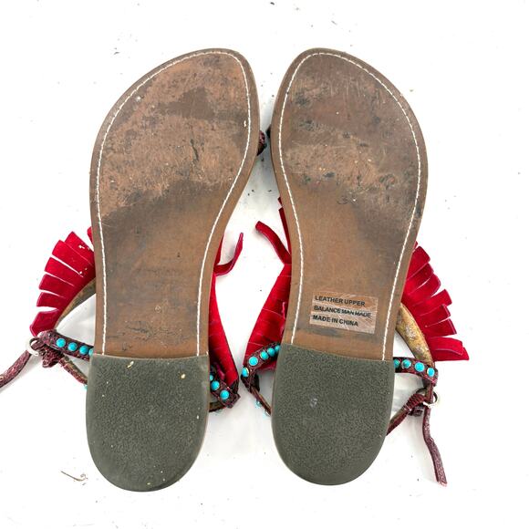 Sam Edelman Bead Fringe Sandals 8 Brown Tan Red Turquoise Southwestern - Picture 3 of 6
